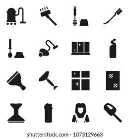 Flat vector icon set - scraper vector, vacuum cleaner, car fetlock, window cleaning, toilet brush, agent, shining, woman