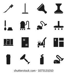 Flat vector icon set - scraper vector, cleaner trolley, vacuum, mop, car fetlock, window cleaning, toilet brush, agent, shining