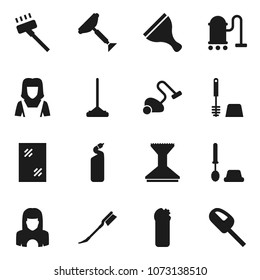 Flat vector icon set - scraper vector, vacuum cleaner, mop, car fetlock, window cleaning, toilet brush, agent, woman