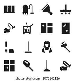 Flat vector icon set - scraper vector, cleaner trolley, vacuum, mop, window cleaning, toilet brush, shining, woman