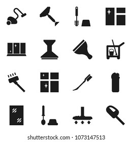 Flat vector icon set - scraper vector, cleaner trolley, vacuum, car fetlock, window cleaning, toilet brush, agent, shining