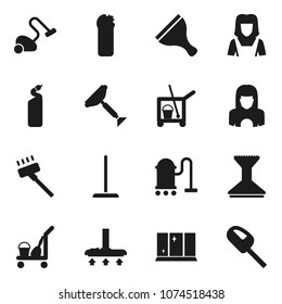 Flat vector icon set - scraper vector, cleaner trolley, vacuum, mop, car fetlock, cleaning agent, shining window, woman