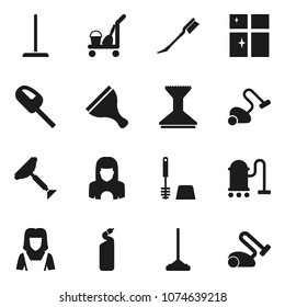 Flat vector icon set - scraper vector, cleaner trolley, vacuum, mop, car fetlock, toilet brush, cleaning agent, shining window, woman