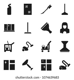 Flat vector icon set - scraper vector, cleaner trolley, vacuum, mop, car fetlock, window cleaning, agent, shining, woman