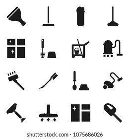 Flat vector icon set - scraper vector, cleaner trolley, vacuum, mop, car fetlock, window cleaning, toilet brush, agent, shining