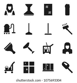 Flat vector icon set - scraper vector, cleaner trolley, vacuum, mop, car fetlock, window cleaning, agent, shining, woman
