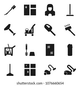 Flat vector icon set - scraper vector, cleaner trolley, vacuum, mop, car fetlock, window cleaning, toilet brush, agent, shining, woman
