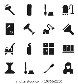 Flat vector icon set - scraper vector, cleaner trolley, vacuum, car fetlock, window cleaning, toilet brush, agent, shining, woman