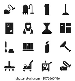 Flat vector icon set - scraper vector, cleaner trolley, vacuum, mop, car fetlock, window cleaning, toilet brush, agent, shining, woman