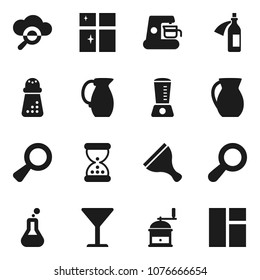 Flat vector icon set - scraper vector, shining window, hand mill, jug, glass, flask, magnifier, sand clock, potion, cloud, coffee maker, blender