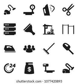 Flat vector icon set - scraper vector, vacuum cleaner, rake, iron, steaming, horizontal bar, big scales, group, scissors, data, construction crane, money bag, 24 hour