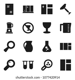Flat vector icon set - scraper vector, window cleaning, shining, measuring cup, jug, flask, no alcohol sign, glass, vial, magnifier, client search, blender