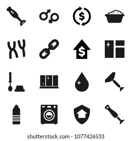 Flat vector icon set - scraper vector, water drop, window cleaning, toilet brush, foam basin, shining, blender, exchange, dollar growth, bottle, gender sign, chromosomes, chain, washer, home protect