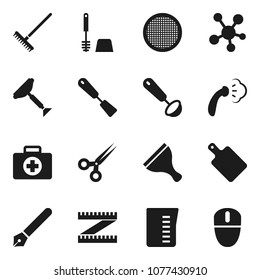 Flat vector icon set - scraper vector, rake, steaming, toilet brush, measuring cup, spatula, ladle, cutting board, sieve, pen, first aid kit, social media, scissors, mouse