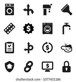 Flat vector icon set - scraper vector, washer, exchange, dollar medal, monitor, route, pills blister, chain, pond, water supply, home protect, shopping list, lock