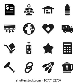 Flat vector icon set - scraper vector, world, annual report, water bottle, shuttlecock, cargo, remote control, link, heart cross, solar panel, barn, relocation truck, calculator, star, kettle