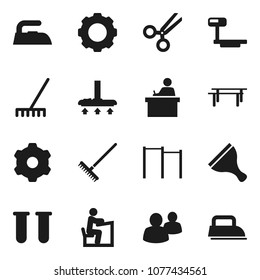 Flat vector icon set - scraper vector, vacuum cleaner, rake, iron, student, horizontal bar, big scales, group, vial, scissors, gear