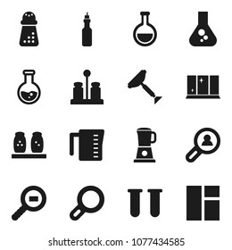 Flat vector icon set - scraper vector, shining window, measuring cup, hand mill, spices, oil, flask, cargo search, vial, magnifier, client, blender