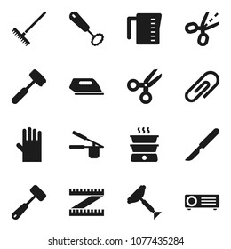Flat vector icon set - scraper vector, rake, rubber glove, measuring cup, cook press, whisk, meat hammer, scissors, scalpel, attachment, coupon, iron, double boiler, projector