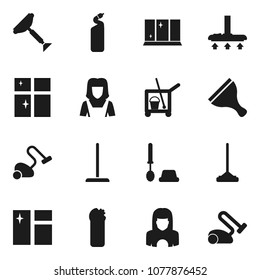 Flat vector icon set - scraper vector, cleaner trolley, vacuum, mop, window cleaning, toilet brush, agent, shining, woman