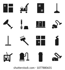 Flat vector icon set - scraper vector, cleaner trolley, vacuum, mop, window cleaning, toilet brush, agent, shining