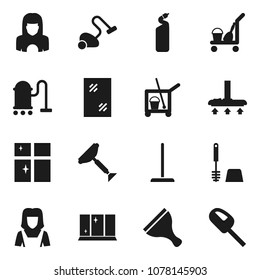 Flat vector icon set - scraper vector, cleaner trolley, vacuum, mop, window cleaning, toilet brush, agent, shining, woman