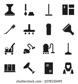 Flat vector icon set - scraper vector, cleaner trolley, vacuum, mop, car fetlock, window cleaning, toilet brush, agent, shining, woman