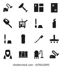 Flat vector icon set - scraper vector, cleaner trolley, vacuum, car fetlock, window cleaning, toilet brush, agent, shining, woman