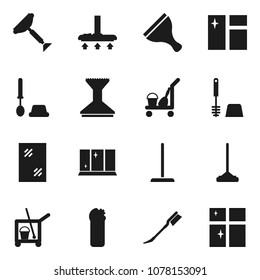 Flat vector icon set - scraper vector, cleaner trolley, vacuum, mop, car fetlock, window cleaning, toilet brush, agent, shining