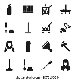 Flat vector icon set - scraper vector, cleaner trolley, vacuum, mop, car fetlock, toilet brush, cleaning agent, shining window, woman