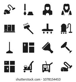 Flat vector icon set - scraper vector, cleaner trolley, vacuum, mop, window cleaning, toilet brush, shining, woman