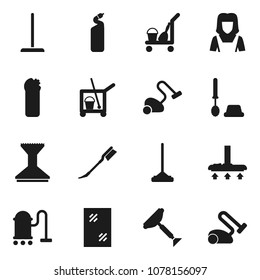 Flat vector icon set - scraper vector, cleaner trolley, vacuum, mop, car fetlock, window cleaning, toilet brush, agent, woman