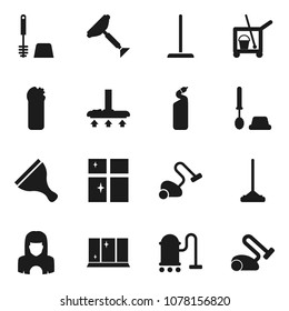 Flat vector icon set - scraper vector, cleaner trolley, vacuum, mop, toilet brush, cleaning agent, shining window, woman