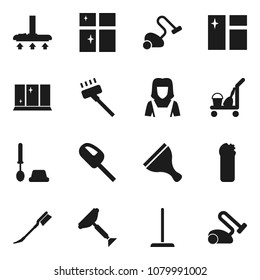 Flat vector icon set - scraper vector, cleaner trolley, vacuum, mop, car fetlock, window cleaning, toilet brush, agent, shining, woman