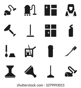 Flat vector icon set - scraper vector, cleaner trolley, vacuum, mop, car fetlock, window cleaning, toilet brush, agent, shining, woman