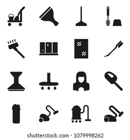 Flat vector icon set - scraper vector, cleaner trolley, vacuum, mop, car fetlock, window cleaning, toilet brush, agent, shining, woman
