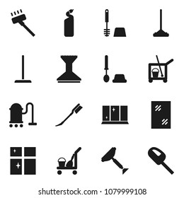 Flat vector icon set - scraper vector, cleaner trolley, vacuum, mop, car fetlock, window cleaning, toilet brush, agent, shining