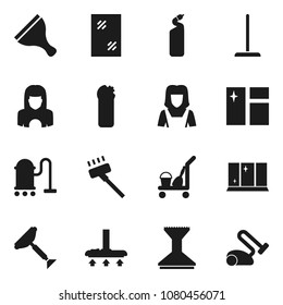 Flat vector icon set - scraper vector, cleaner trolley, vacuum, mop, car fetlock, window cleaning, agent, shining, woman