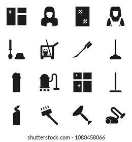 Flat vector icon set - scraper vectacor, cleaner trolley, vacuum, mop, car fetlock, window cleaning, toilet brush, agent, shining, woman