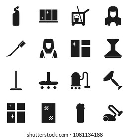 Flat vector icon set - scraper vector, cleaner trolley, vacuum, mop, car fetlock, window cleaning, agent, shining, woman