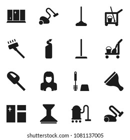 Flat vector icon set - scraper vector, cleaner trolley, vacuum, mop, car fetlock, window cleaning, toilet brush, agent, shining, woman