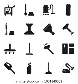 Flat vector icon set - scraper vector, cleaner trolley, vacuum, mop, car fetlock, window cleaning, toilet brush, agent