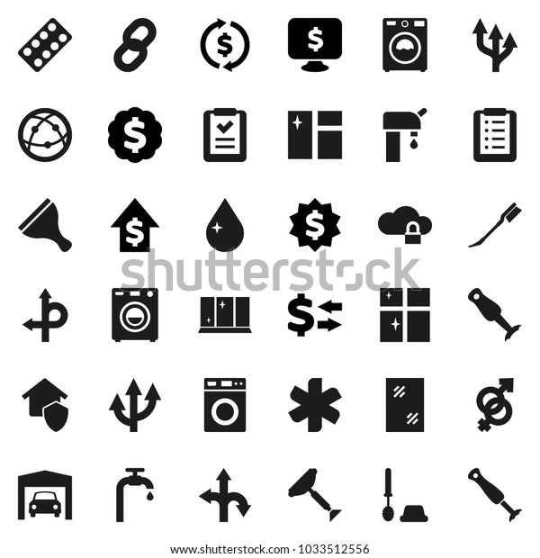 Flat vector icon set - scraper vector, water drop,\
car fetlock, window cleaning, toilet brush, washer, shining,\
blender, exchange, dollar growth, medal, monitor, route, internet,\
ambulance star