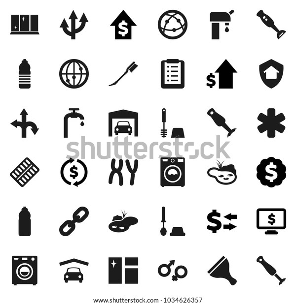 Flat vector icon set - scraper vector, car fetlock,
window cleaning, toilet brush, washer, shining, blender, exchange,
dollar growth, medal, monitor, water bottle, route, internet,
ambulance star