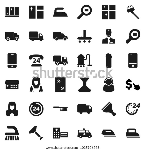 Flat vector icon set - scraper vector, vacuum\
cleaner, fetlock, car, window cleaning, iron, agent, shining,\
woman, dollar cursor, phone 24, delivery, cargo search, mobile,\
hospital building, doctor