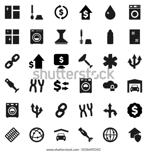 Flat vector icon set - scraper vector, water\
drop, car fetlock, window cleaning, toilet brush, washer, shining,\
blender, exchange, dollar growth, medal, monitor, bottle, route,\
internet, chromosomes