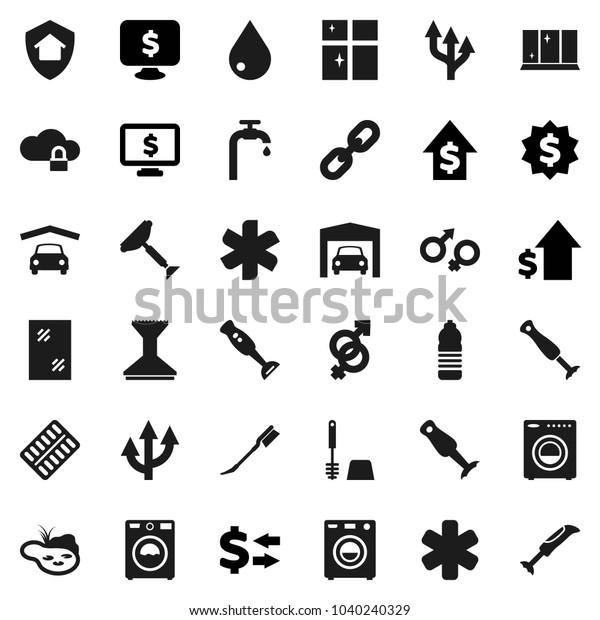 Flat vector icon set - scraper vector, water drop,\
car fetlock, window cleaning, toilet brush, washer, shining,\
blender, exchange, dollar growth, medal, monitor, bottle, ambulance\
star, gender sign