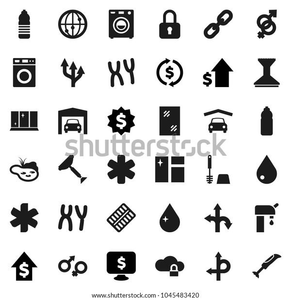 Flat vector icon set - scraper vector, water drop,
car fetlock, window cleaning, toilet brush, washer, shining,
exchange, dollar growth, medal, monitor, bottle, route, internet,
ambulance star, pond