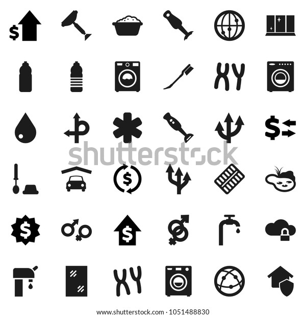 Flat vector icon set - scraper vector, water drop,\
car fetlock, window cleaning, toilet brush, washer, foam basin,\
shining, blender, exchange, dollar growth, medal, bottle, route,\
internet, arrow