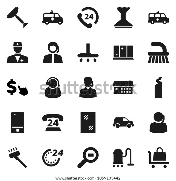Flat vector icon set - scraper vector, vacuum\
cleaner, fetlock, car, window cleaning, agent, shining, dollar\
cursor, phone 24, support, cargo search, mobile, doctor, hospital\
building, amkbulance